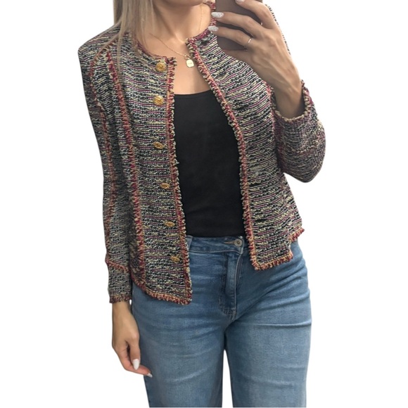 St. John Collection Fringe Trimmed Jacket in Burgundy/Wheat Multicolor Sz 2 - Picture 11 of 11